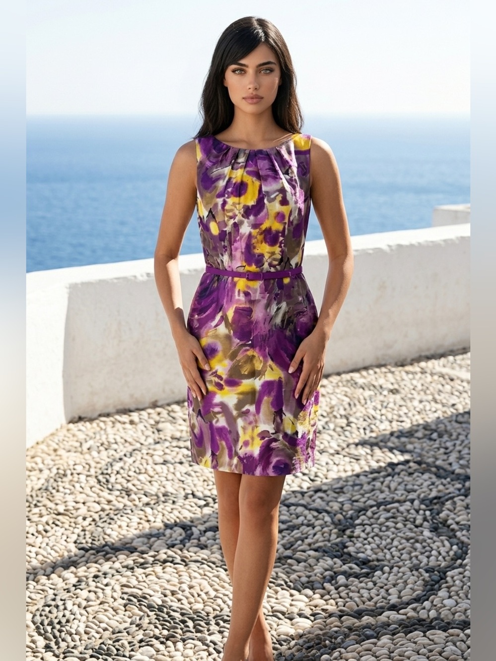 Ann Taylor Purple and Yellow lined Midi Dress with adjustable Belt.